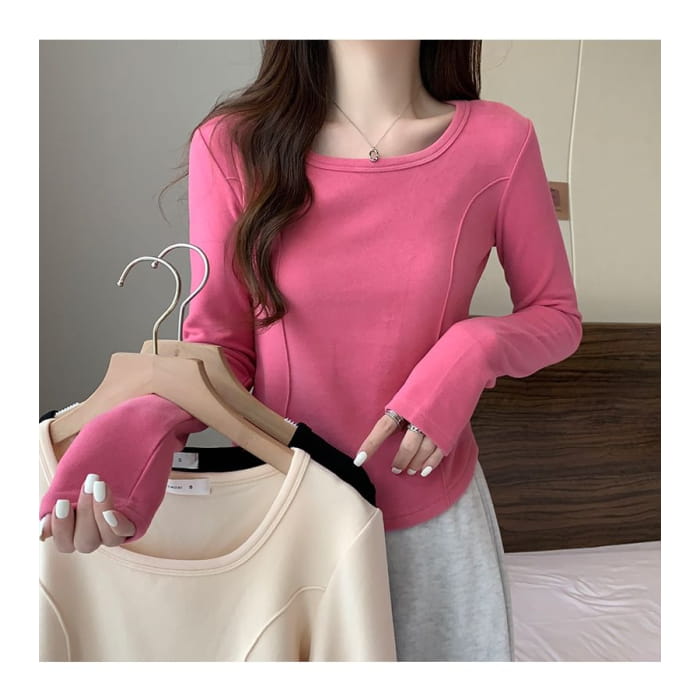 Long-Sleeve Square Neck Plain T-Shirt - Clothing