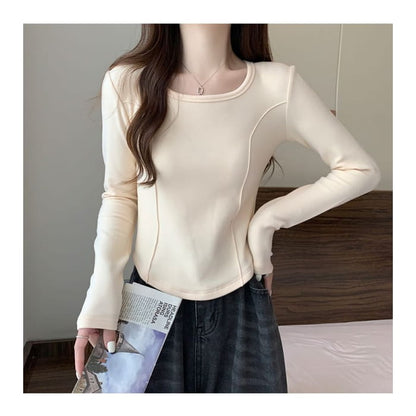 Long-Sleeve Square Neck Plain T-Shirt - Clothing