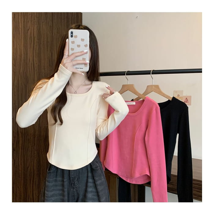 Long-Sleeve Square Neck Plain T-Shirt - Clothing