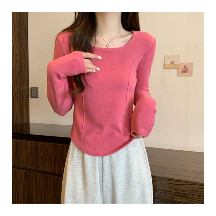 Long-Sleeve Square Neck Plain T-Shirt - Clothing