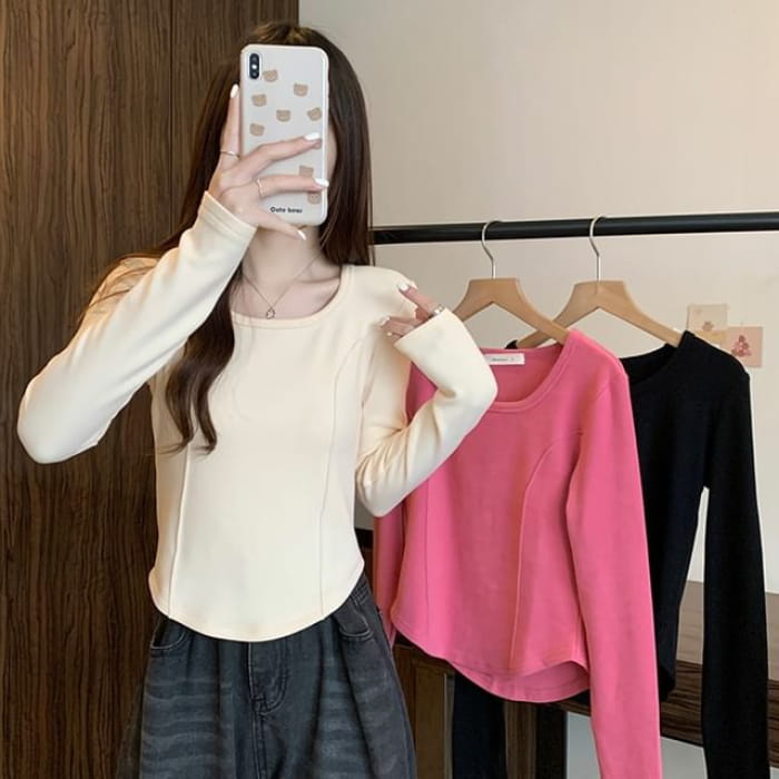 Long-Sleeve Square Neck Plain T-Shirt - Clothing