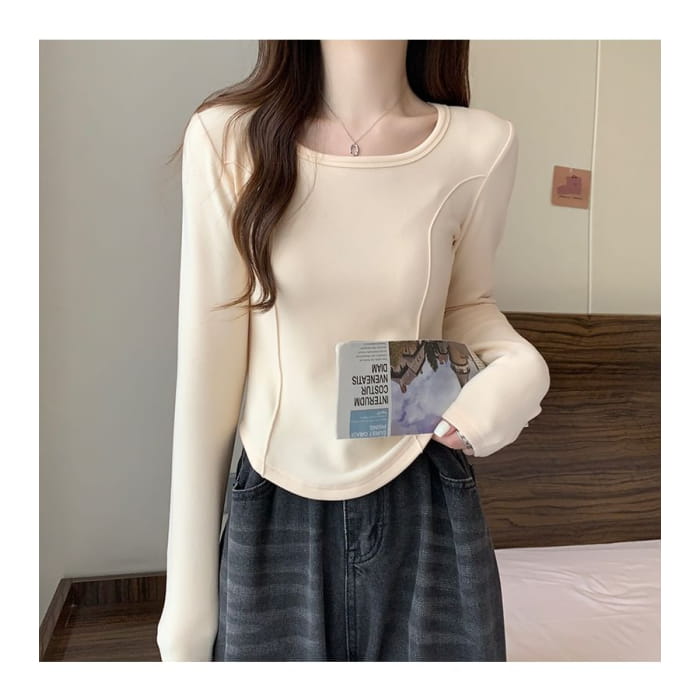 Long-Sleeve Square Neck Plain T-Shirt - Clothing