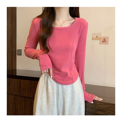 Long-Sleeve Square Neck Plain T-Shirt - Clothing