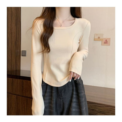 Long-Sleeve Square Neck Plain T-Shirt - Clothing