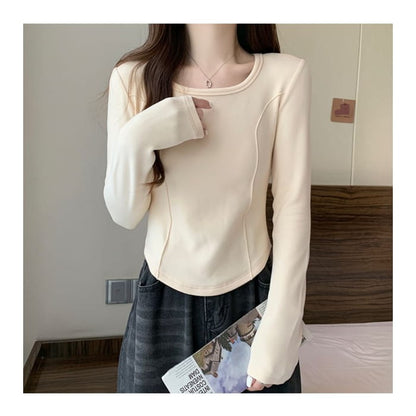 Long-Sleeve Square Neck Plain T-Shirt - Clothing