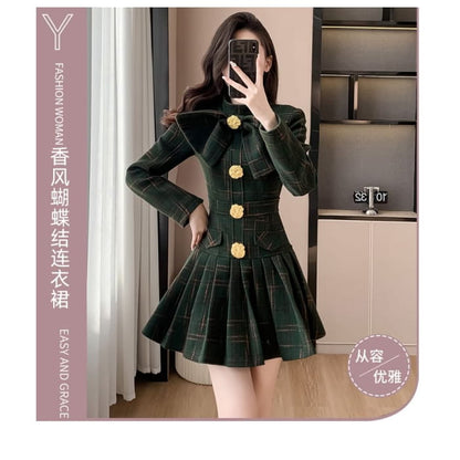 Long Sleeve Stand Collar Bowknot Plaid Pleated Mini A-Line