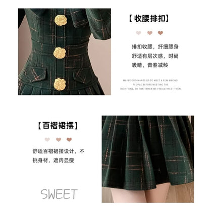 Long Sleeve Stand Collar Bowknot Plaid Pleated Mini A-Line