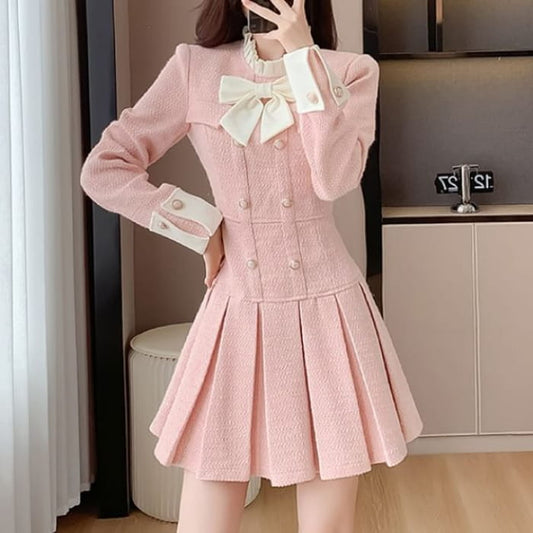 Long Sleeve Stand Collar Bowknot Tweed Mini Pleated A-Line