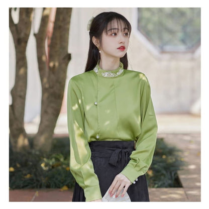 Long-Sleeve Stand Collar Embroidered Blouse / Tie-Waist