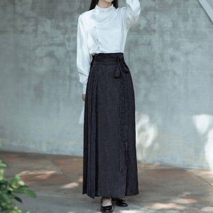 Long-Sleeve Stand Collar Embroidered Blouse / Tie-Waist