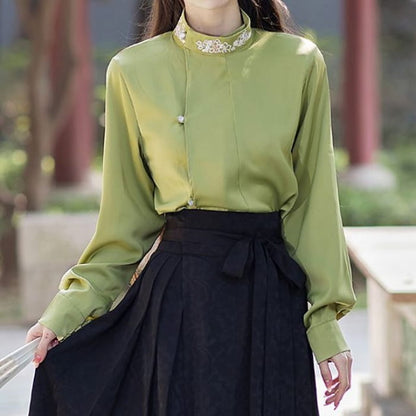 Long-Sleeve Stand Collar Embroidered Blouse / Tie-Waist