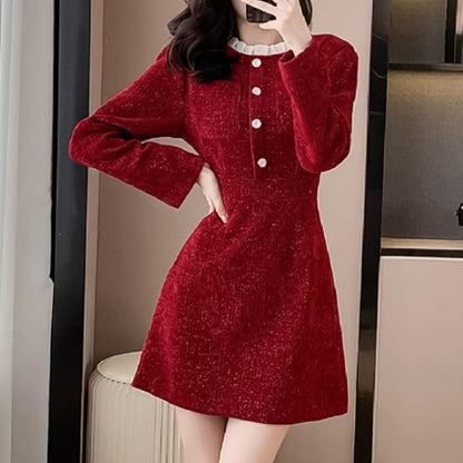 Long-Sleeve Stand Collar Glitter Button Accent Contrast