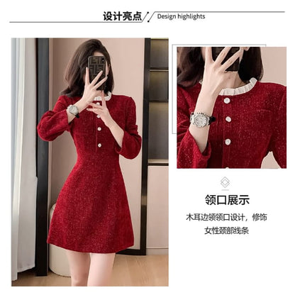 Long-Sleeve Stand Collar Glitter Button Accent Contrast