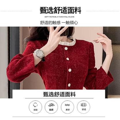 Long-Sleeve Stand Collar Glitter Button Accent Contrast