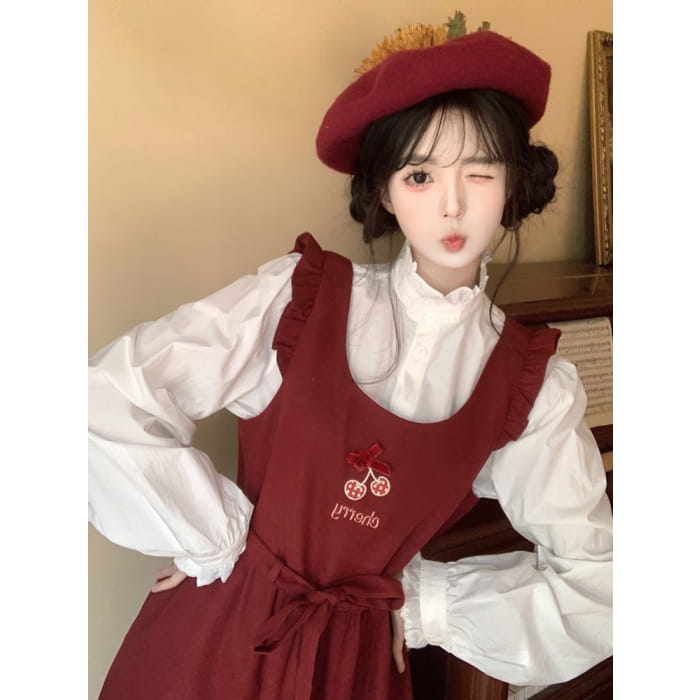 Long Sleeve Stand Collar Plain Frill Blouse / Cherry