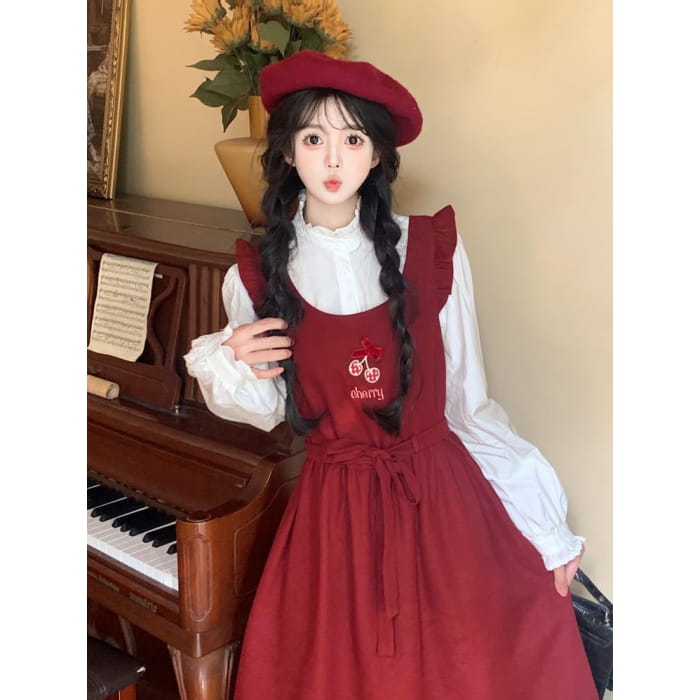 Long Sleeve Stand Collar Plain Frill Blouse / Cherry