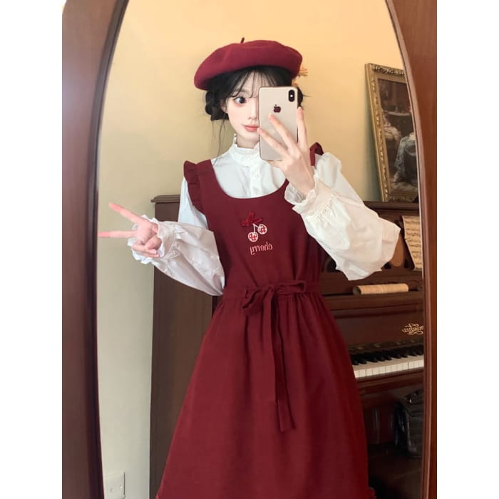 Long Sleeve Stand Collar Plain Frill Blouse / Cherry