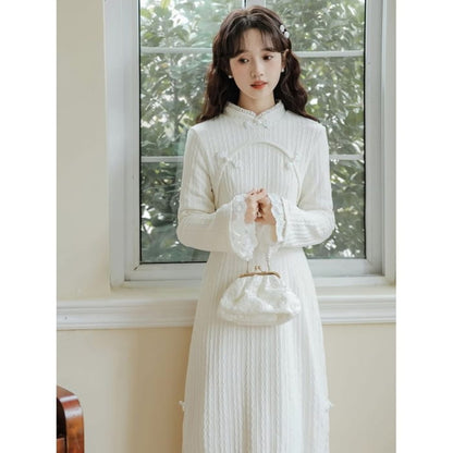 Long Sleeve Stand Collar Plain Lace Trim Ribbed Knitted