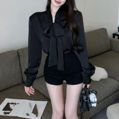 Long-Sleeve Tie-Neck Plain Blouse - Black / S