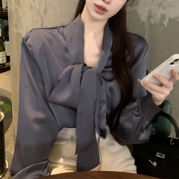 Long-Sleeve Tie-Neck Plain Blouse - Dark Grayish Blue / S