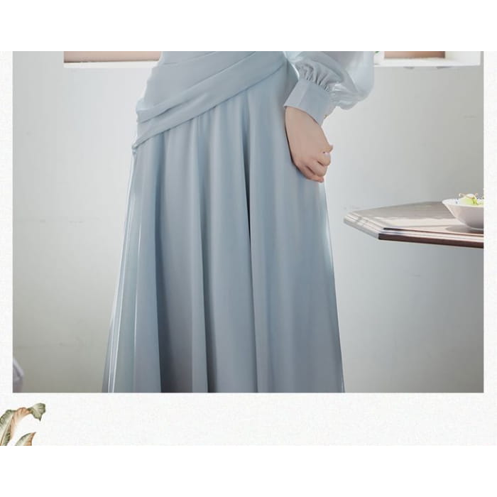 Long-Sleeve Tie Neck Plain Maxi A-Line Dress