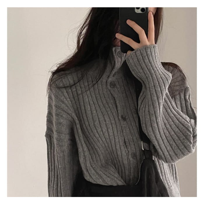 Long-Sleeve Turtleneck Buttoned Rib-Knit Cardigan