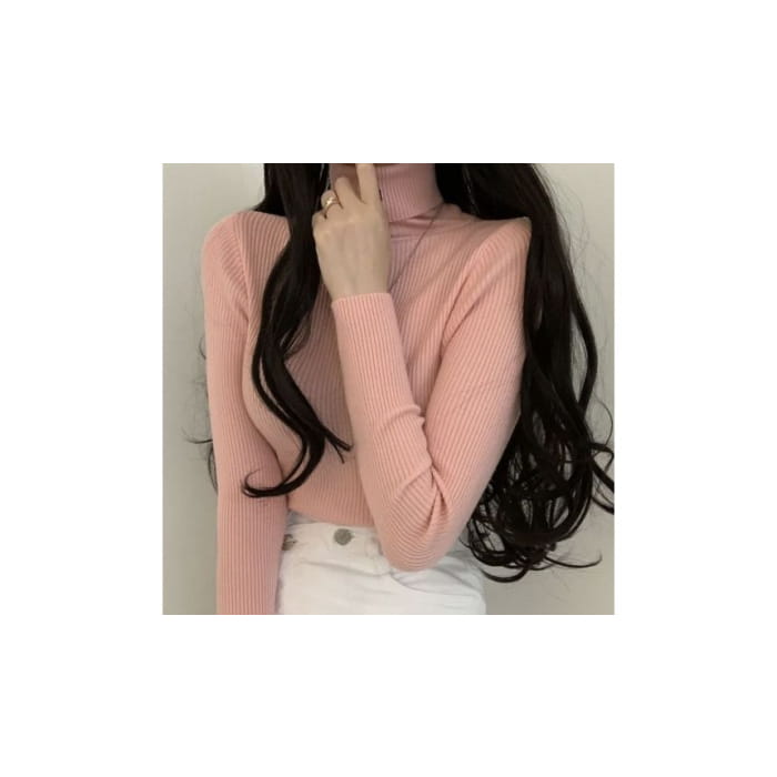 Long-Sleeve Turtleneck Plain Ribbed Knit Top