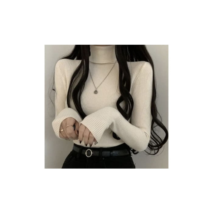 Long-Sleeve Turtleneck Plain Ribbed Knit Top