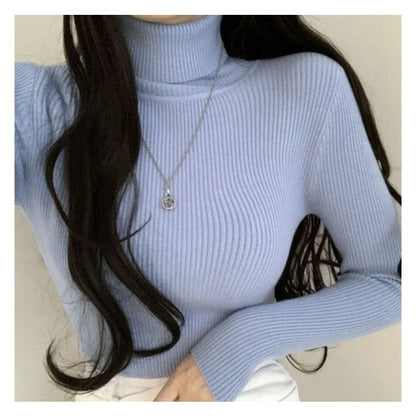 Long-Sleeve Turtleneck Plain Ribbed Knit Top