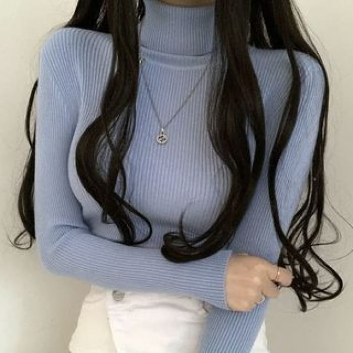 Long-Sleeve Turtleneck Plain Ribbed Knit Top - Sky Blue