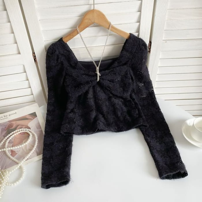 Long-Sleeve V-Neck Bow Lace Top - Black / One Size