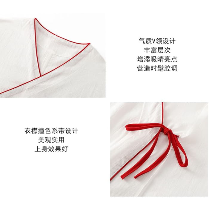 Long-Sleeve V-Neck Contrast Trim Hanfu Top / Mid Rise Plain