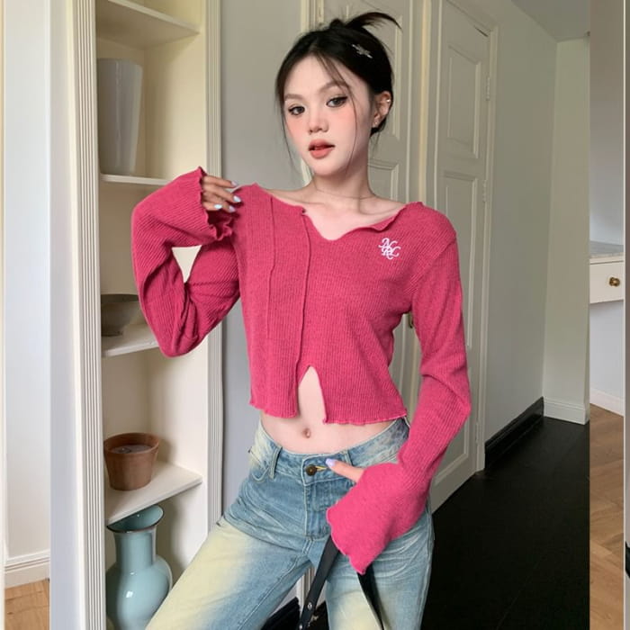 Long-Sleeve V-Neck Embroidered Crop Knit Top - Clothing