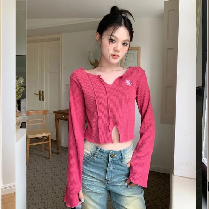 Long-Sleeve V-Neck Embroidered Crop Knit Top - Clothing