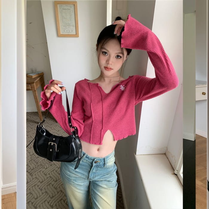 Long-Sleeve V-Neck Embroidered Crop Knit Top - Clothing