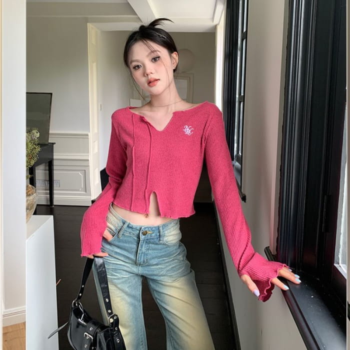 Long-Sleeve V-Neck Embroidered Crop Knit Top - Clothing