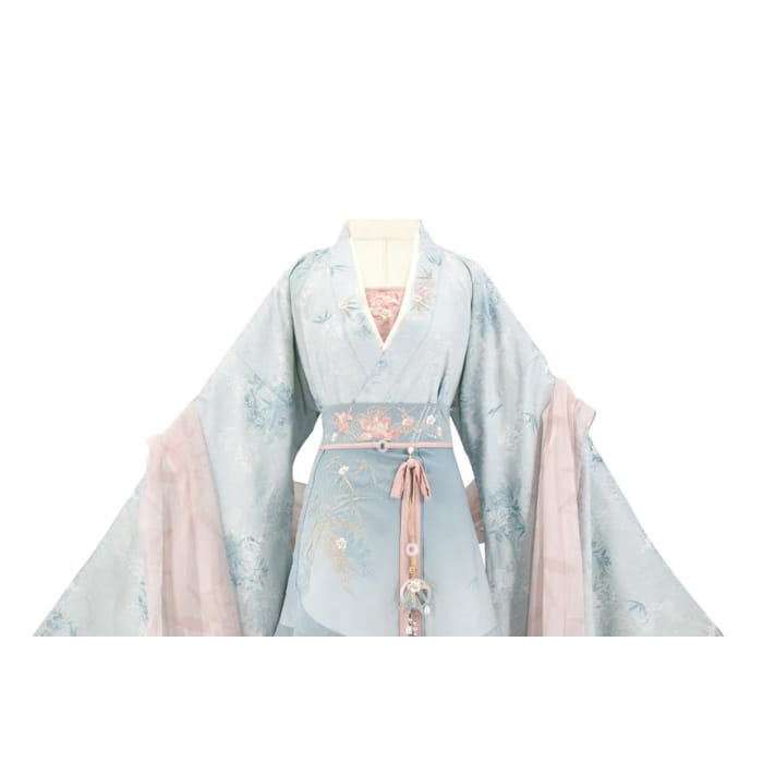 Long-Sleeve V-Neck Floral Embroidered Hanfu Top / Plain