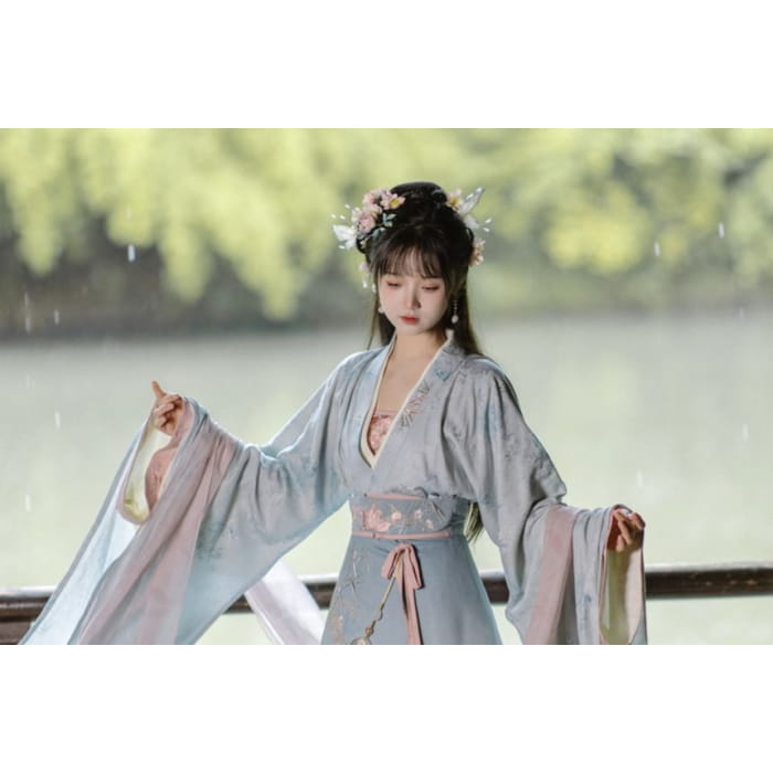 Long-Sleeve V-Neck Floral Embroidered Hanfu Top / Plain