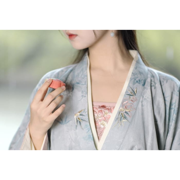 Long-Sleeve V-Neck Floral Embroidered Hanfu Top / Plain