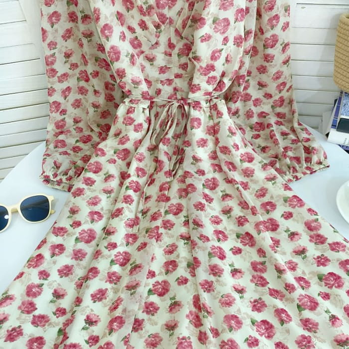 Long-Sleeve V-Neck Floral Midi A-Line Dress