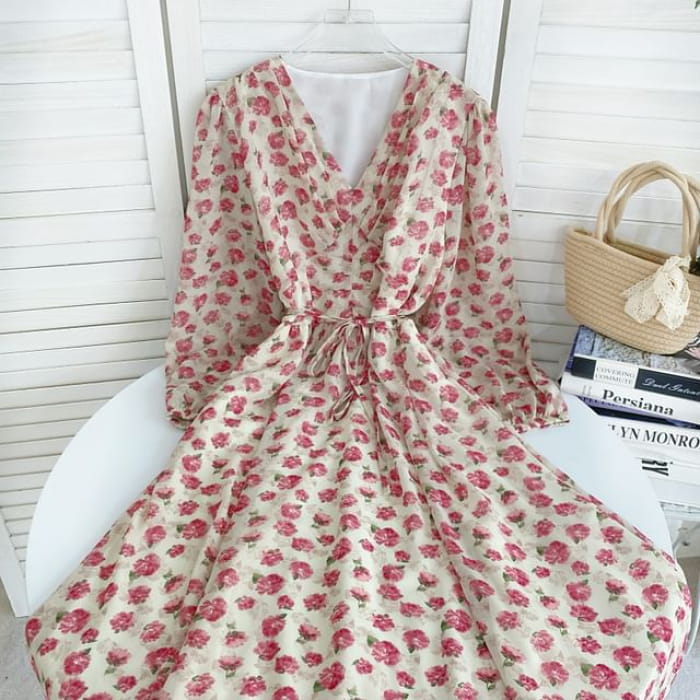 Long-Sleeve V-Neck Floral Midi A-Line Dress - Pink - Almond