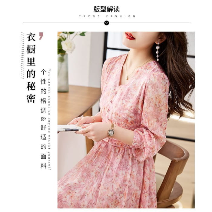 Long-Sleeve V-Neck Floral Print Button Midi A-Line Dress