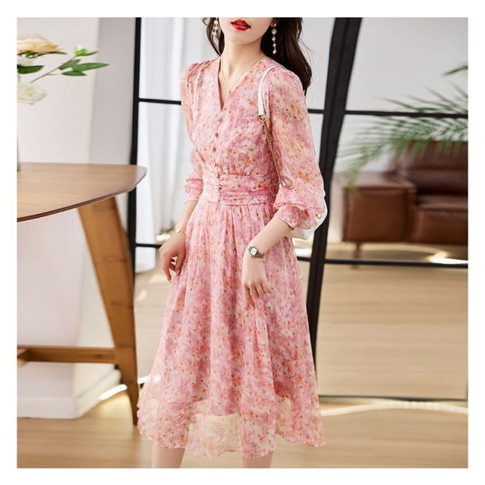 Long-Sleeve V-Neck Floral Print Button Midi A-Line Dress