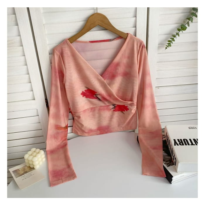 Long-Sleeve V-Neck Floral Print Wrap Mesh Top