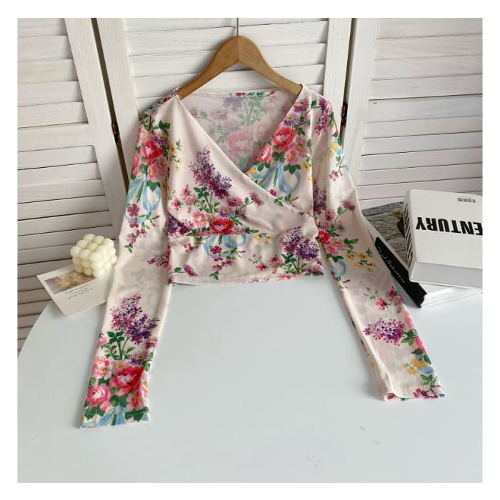 Long-Sleeve V-Neck Floral Print Wrap Mesh Top