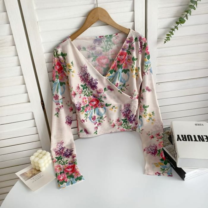 Long-Sleeve V-Neck Floral Print Wrap Mesh Top - Almond