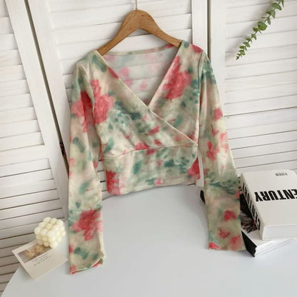 Long-Sleeve V-Neck Floral Print Wrap Mesh Top - Light Green