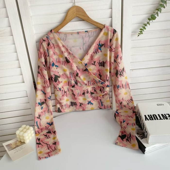 Long-Sleeve V-Neck Floral Print Wrap Mesh Top - Pink