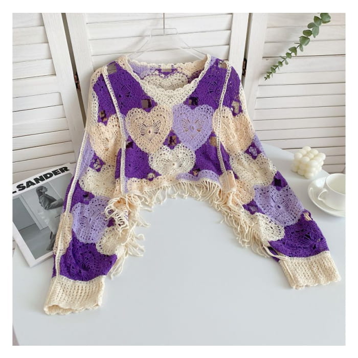 Long-Sleeve V-Neck Heart Print Tasseled Crop Pointelle Knit