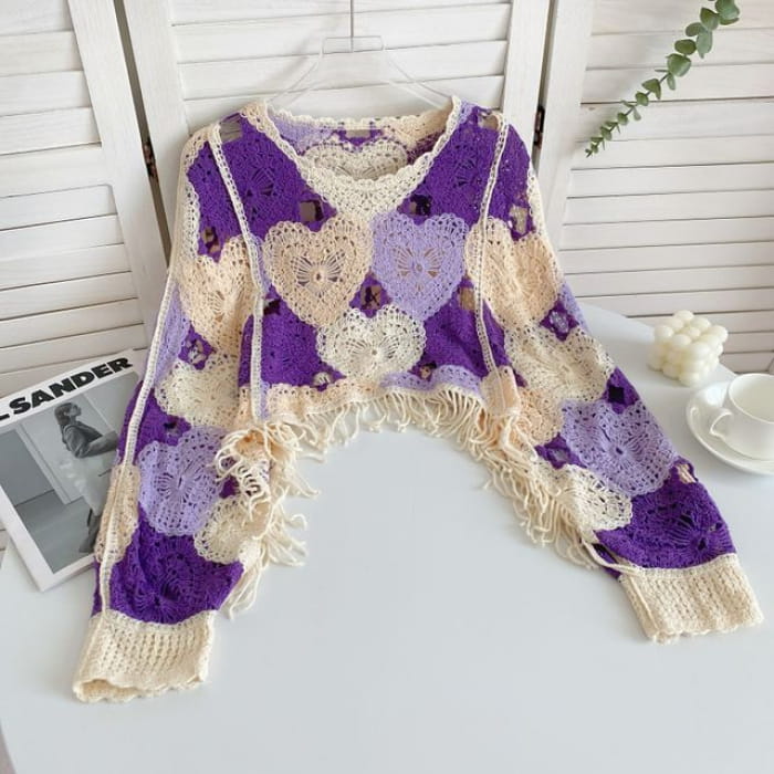 Long-Sleeve V-Neck Heart Print Tasseled Crop Pointelle Knit